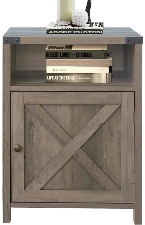 Farmhouse Style End Table Barn Door Nightstand with Open Shelf