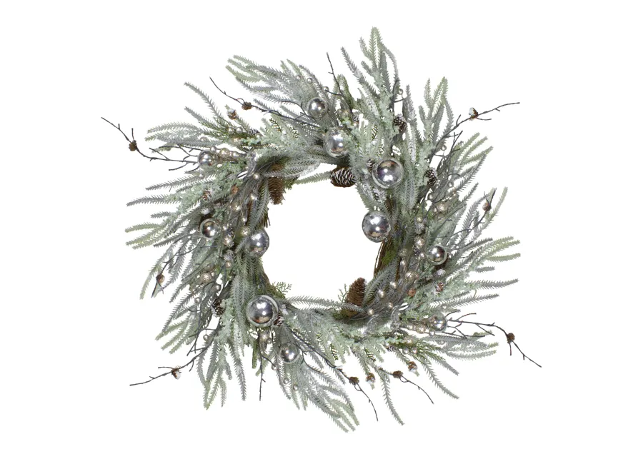 28" Artificial Pine Frosted Christmas Wreath with Silver Berries-Unlit