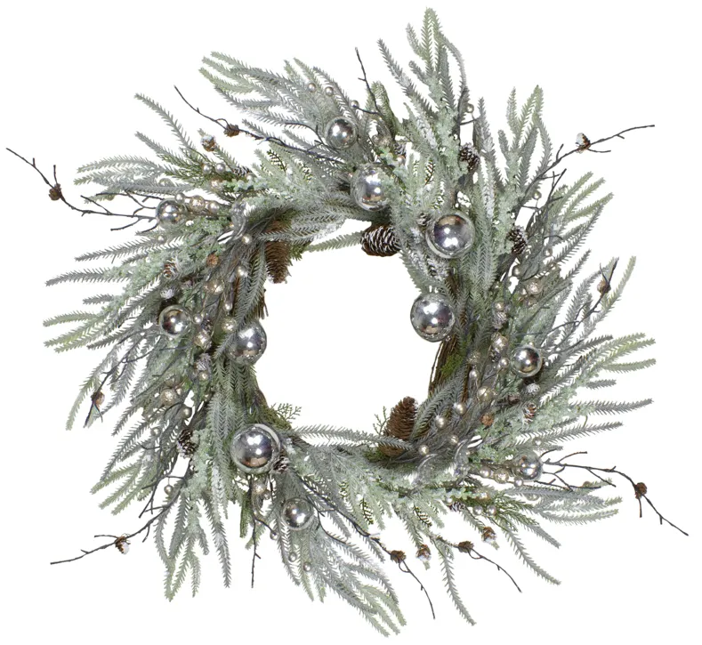 28" Artificial Pine Frosted Christmas Wreath with Silver Berries-Unlit