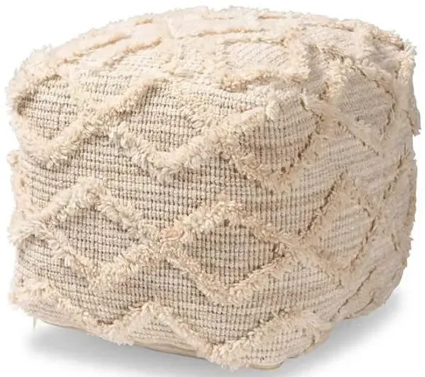 Moroccan Inspired Ivory Handwoven Wool Blend Pouf Ottoman