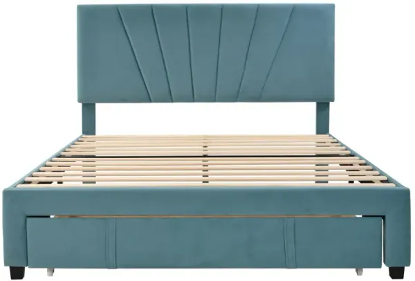 Queen Size Storage Bed Velvet Upholstered Platform Bed with a Big Drawer