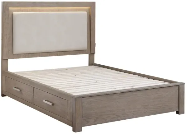 Keno Cal King Bed, Upholstered LED Headboard, 4 Storage Drawers, Brown - Benzara