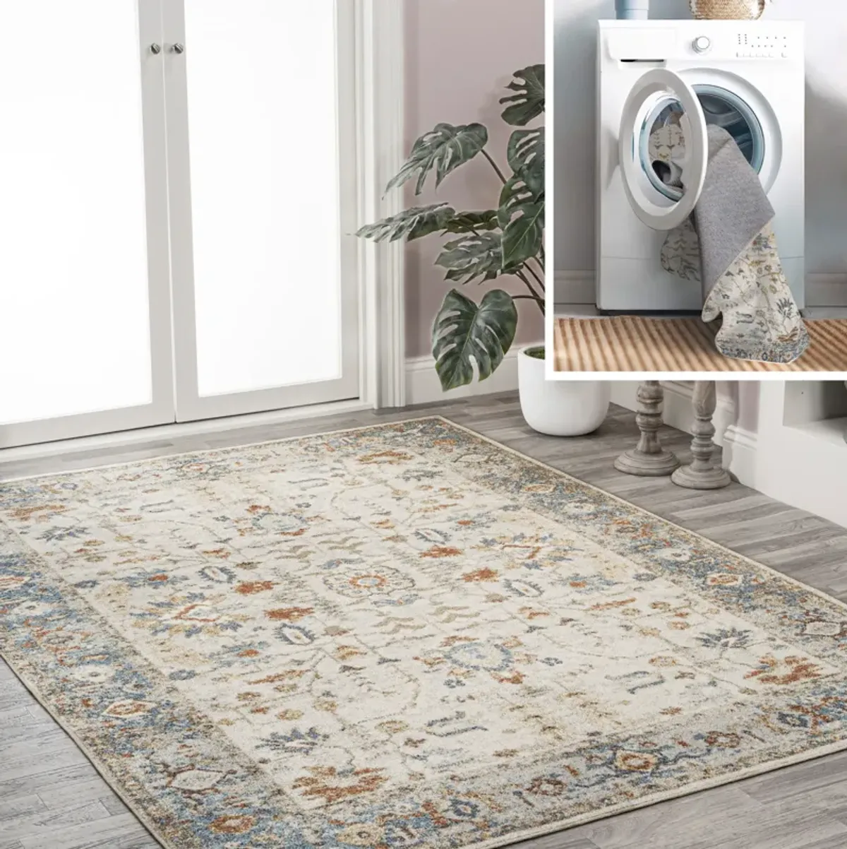 Hiero Persian Border Low-Pile Machine-Washable Cream/Terra Rug