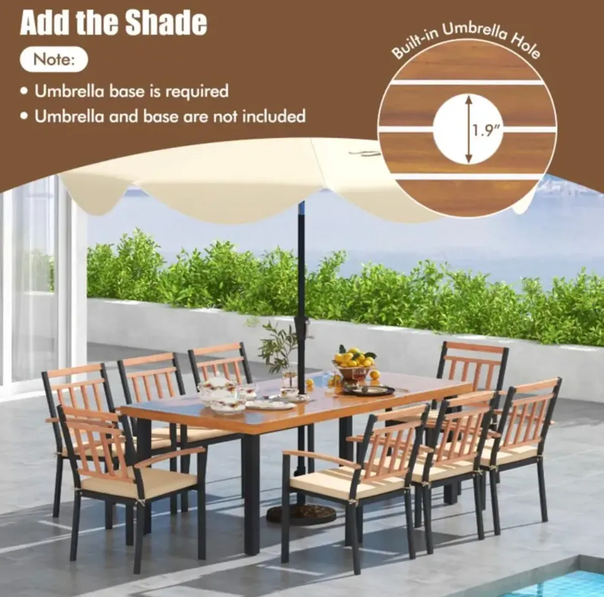 Hivvago 9 Pieces Patio Dining Set 39.5 Inch Acacia Wood Table with Umbrella Hole and 24-Inch Wide Chairs