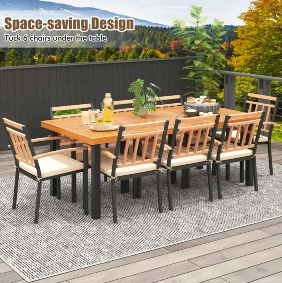 Hivvago 9 Pieces Patio Dining Set 39.5 Inch Acacia Wood Table with Umbrella Hole and 24-Inch Wide Chairs