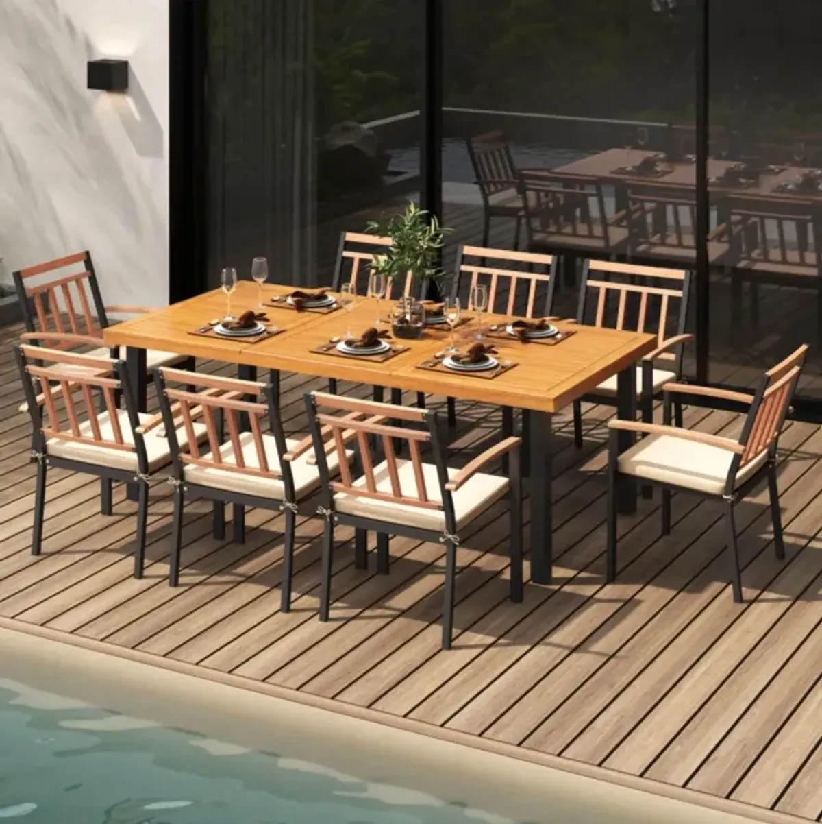 Hivvago 9 Pieces Patio Dining Set 39.5 Inch Acacia Wood Table with Umbrella Hole and 24-Inch Wide Chairs