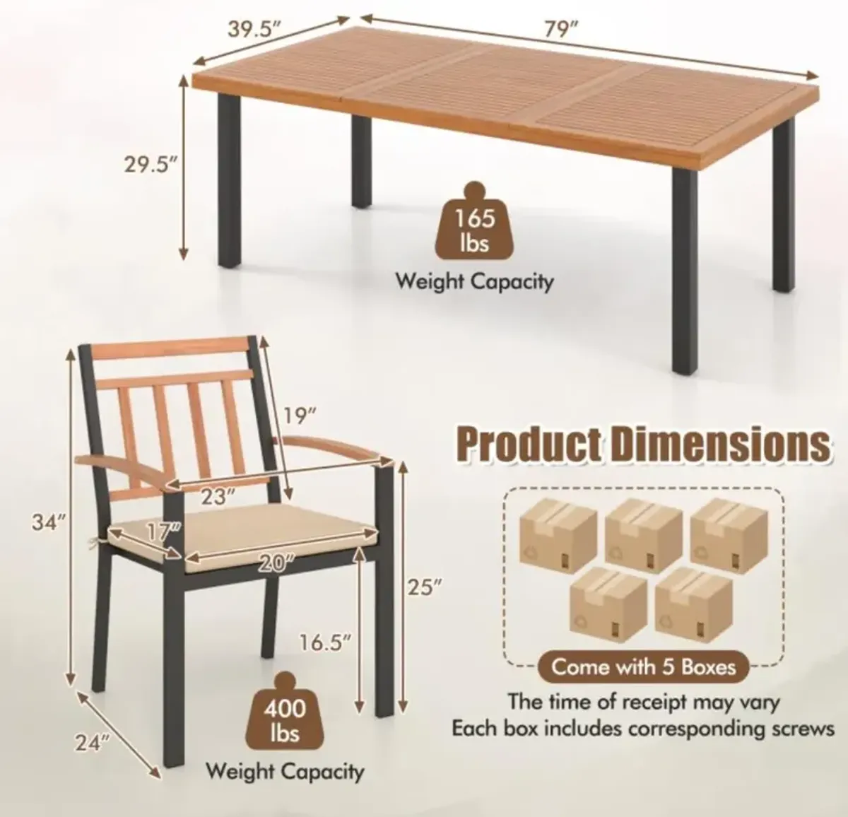 Hivvago 9 Pieces Patio Dining Set 39.5 Inch Acacia Wood Table with Umbrella Hole and 24-Inch Wide Chairs