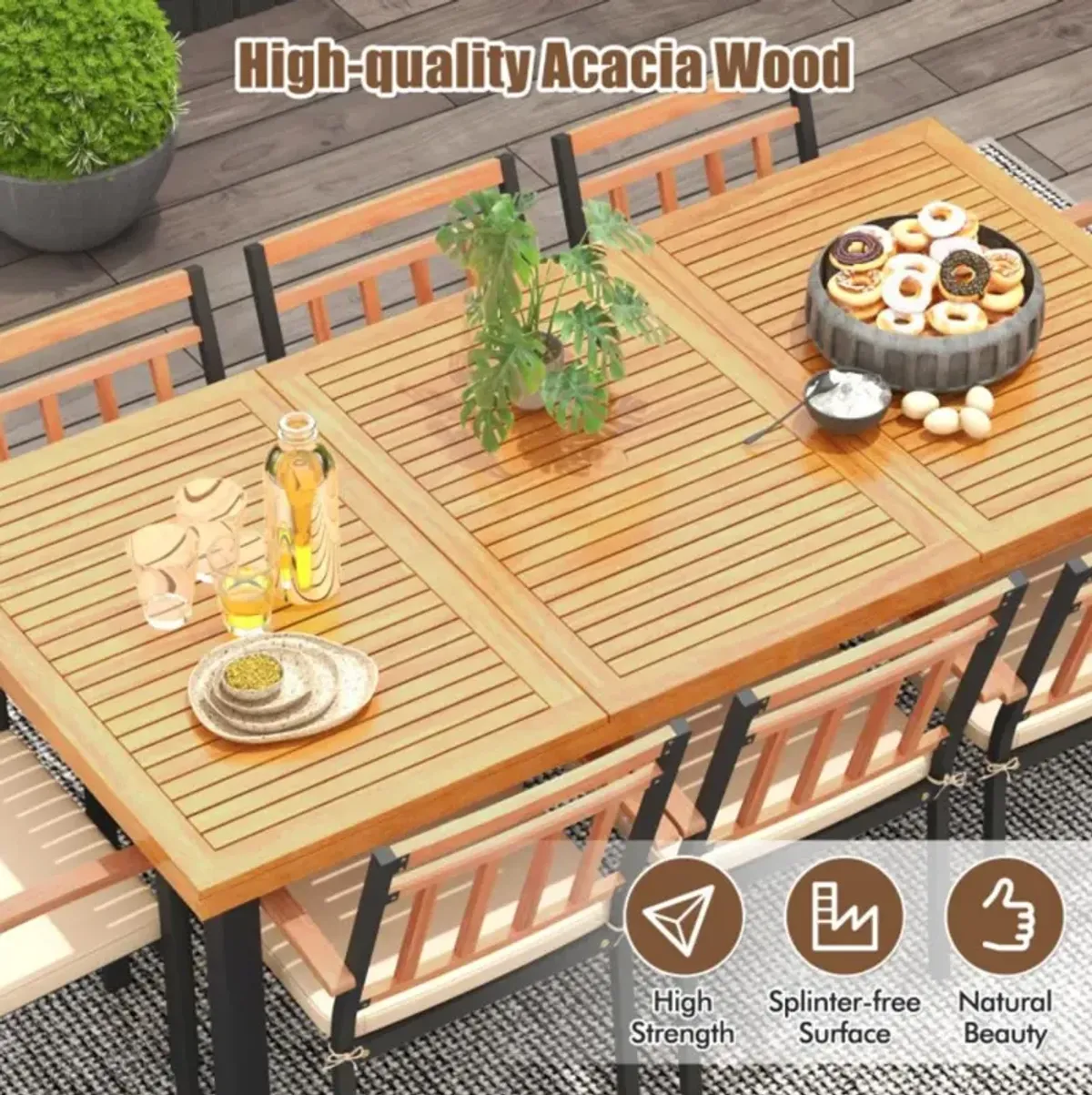 Hivvago 9 Pieces Patio Dining Set 39.5 Inch Acacia Wood Table with Umbrella Hole and 24-Inch Wide Chairs