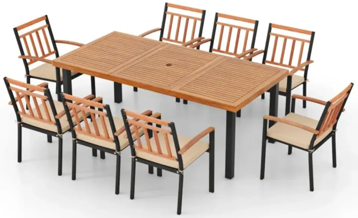 Hivvago 9 Pieces Patio Dining Set 39.5 Inch Acacia Wood Table with Umbrella Hole and 24-Inch Wide Chairs