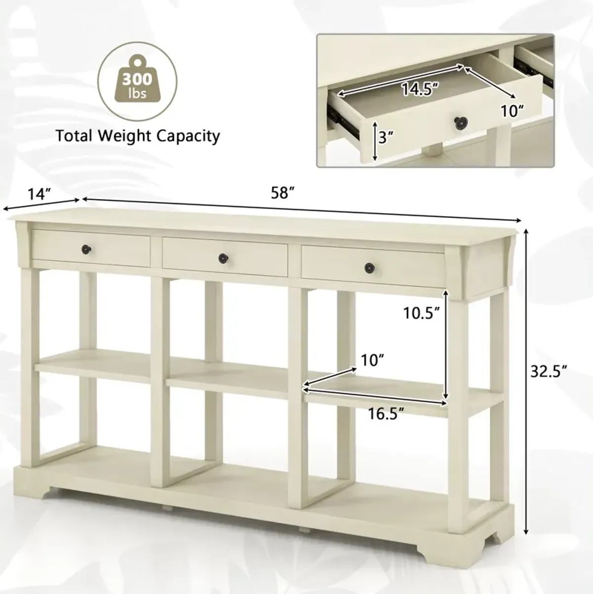 58" Retro Console Table with 3 Drawers and Open Shelves Rectangular Entryway Table