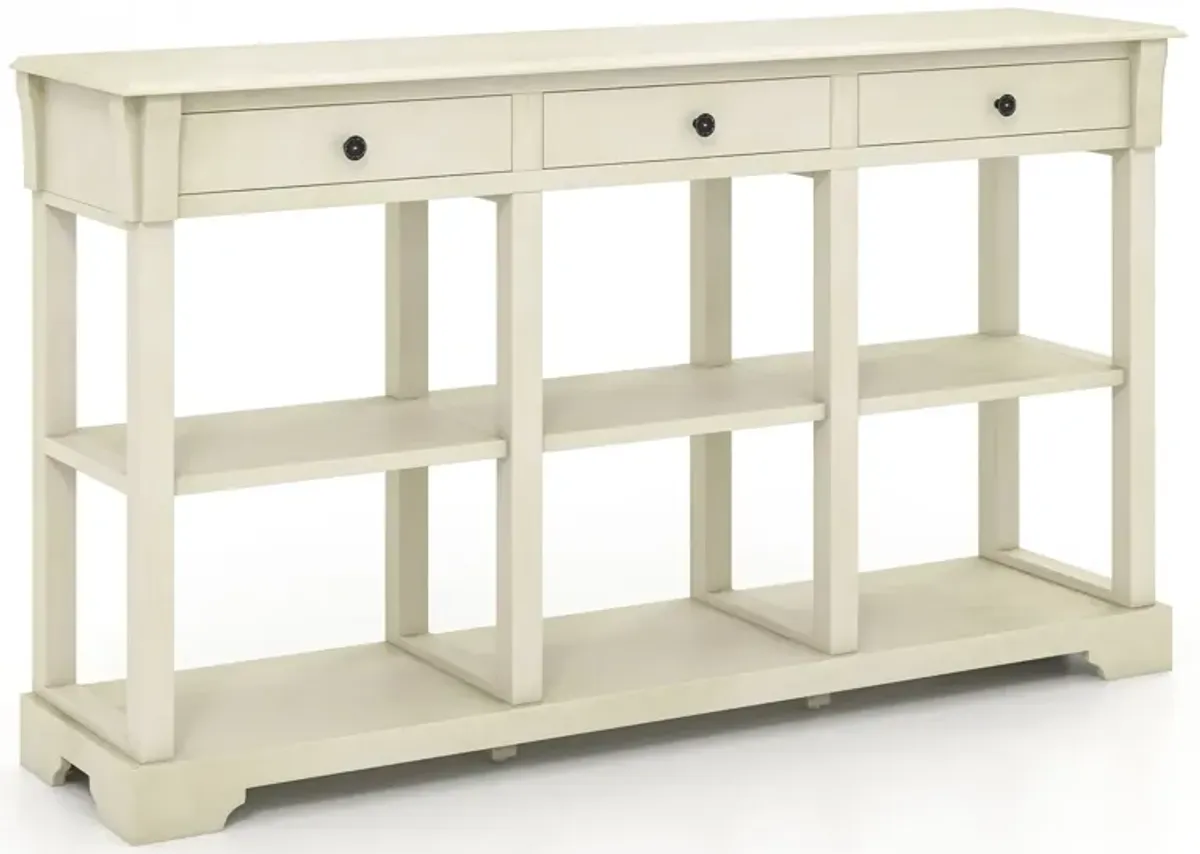 58" Retro Console Table with 3 Drawers and Open Shelves Rectangular Entryway Table