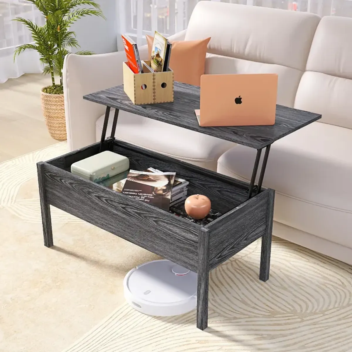 MDF Lift Top Coffee Table With Storage For Living Room, Dark Grey Oak