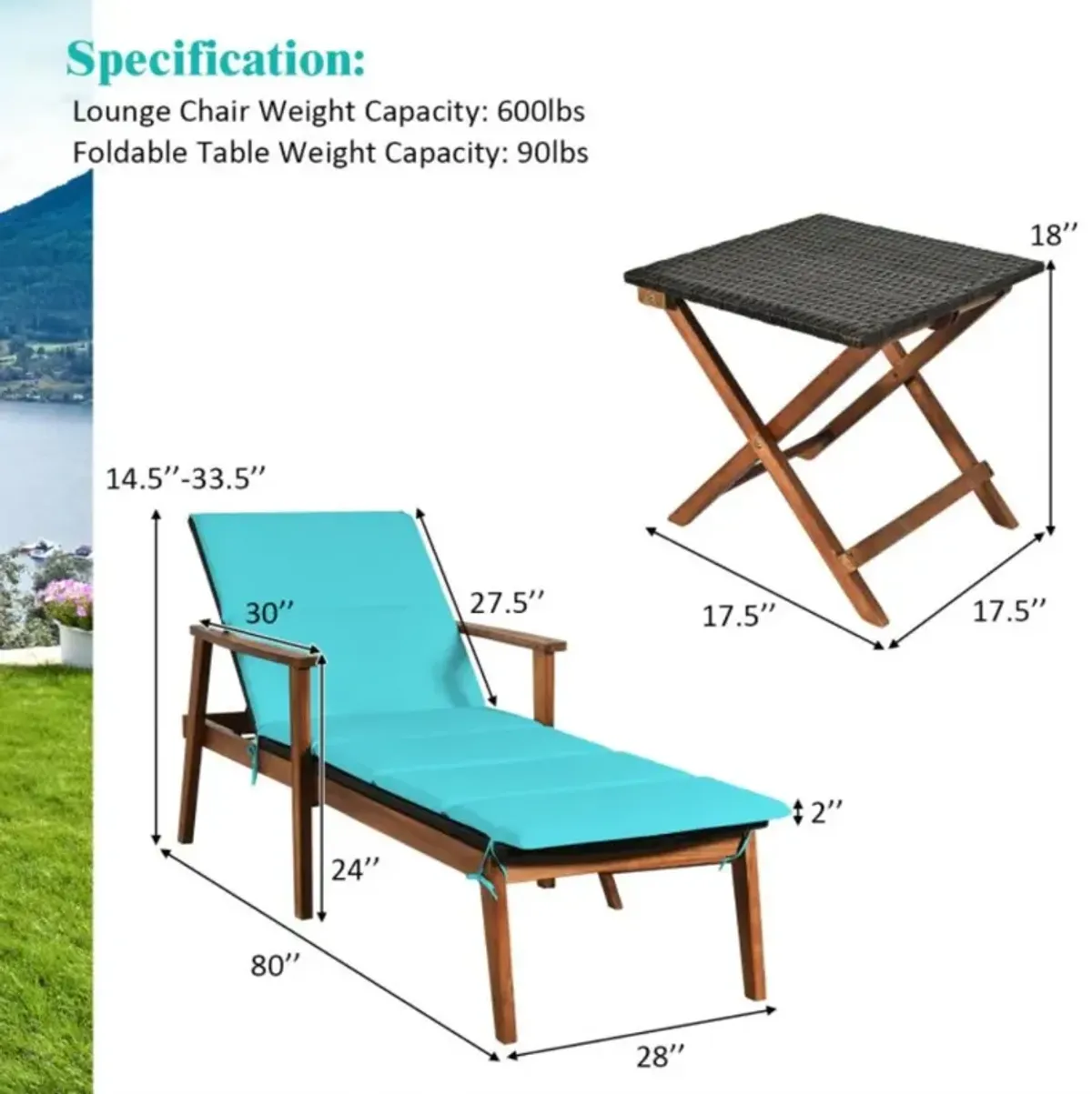 Hivvago 3 Pieces Portable Patio Cushioned Rattan Lounge Chair Set with Folding Table