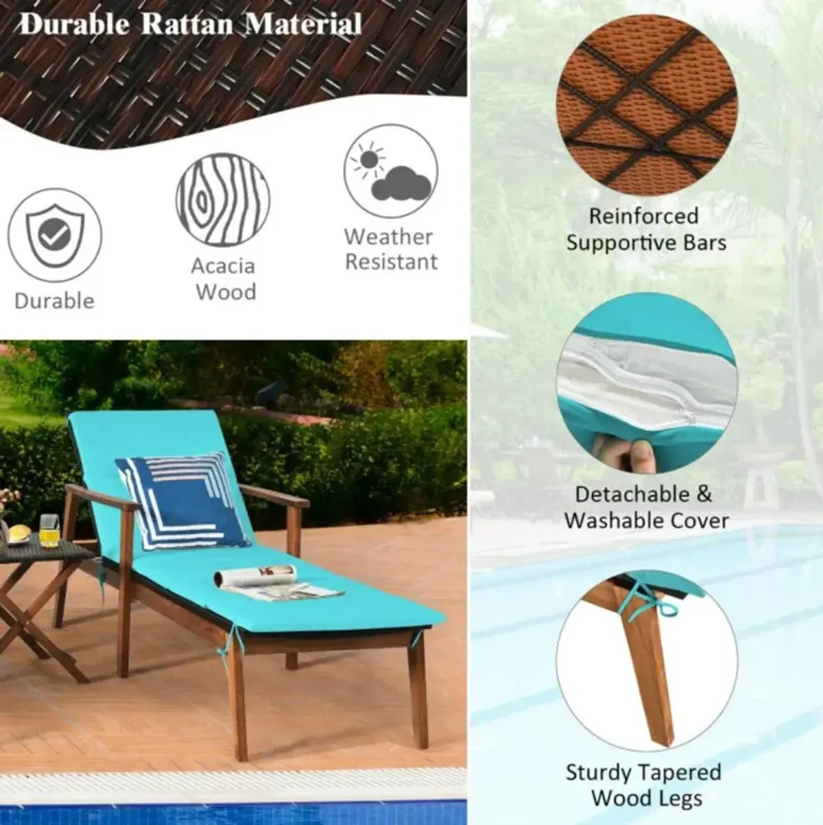 Hivvago 3 Pieces Portable Patio Cushioned Rattan Lounge Chair Set with Folding Table