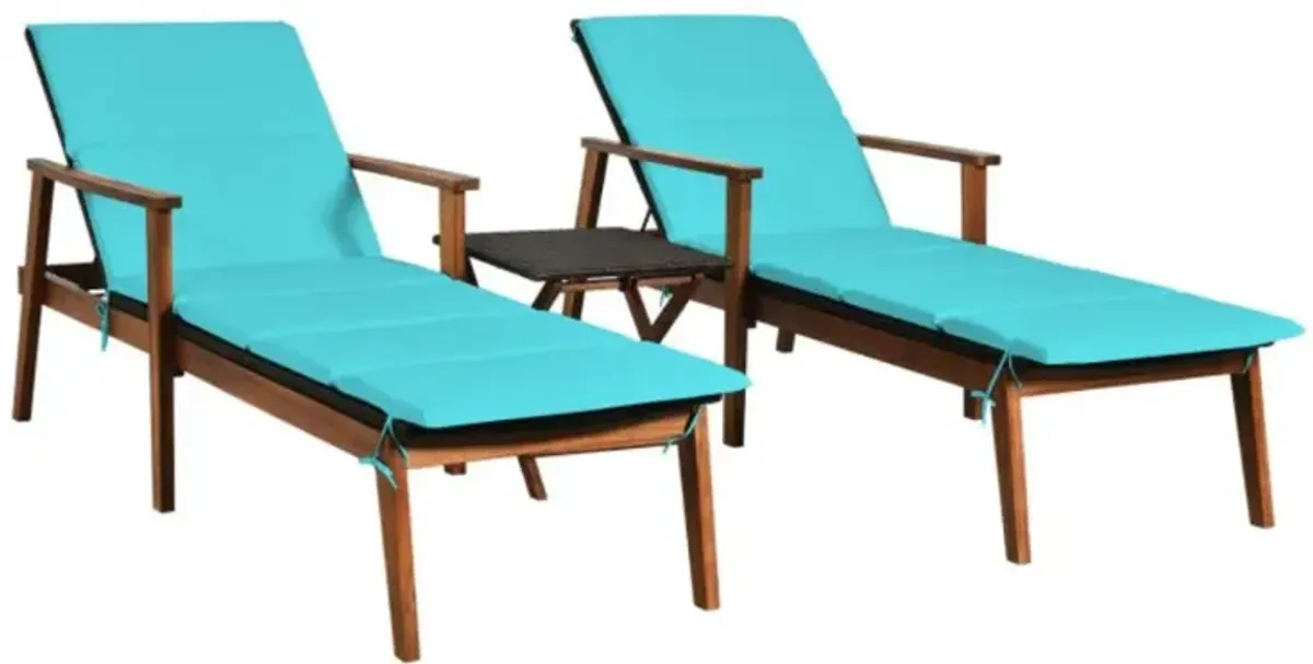 Hivvago 3 Pieces Portable Patio Cushioned Rattan Lounge Chair Set with Folding Table