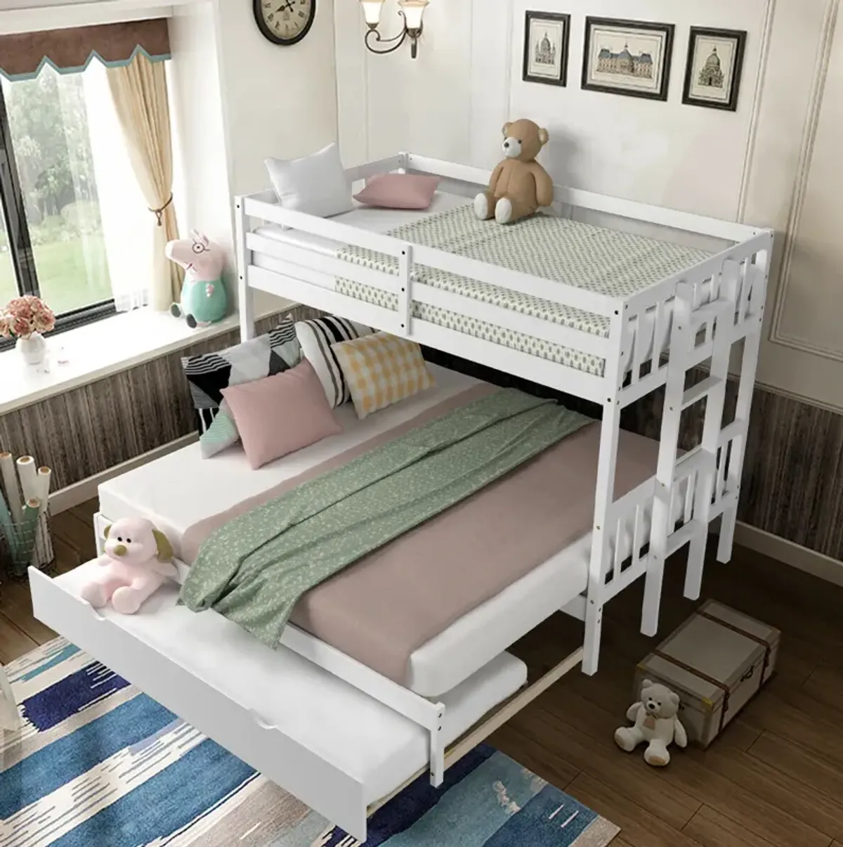 Twin Pull-Out Bunk Bed with Trundle Wooden Ladder