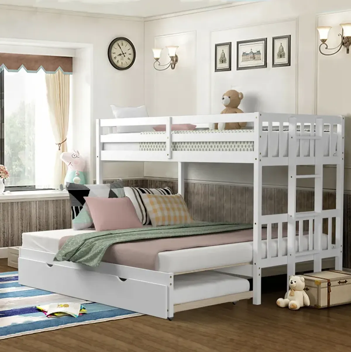 Twin Pull-Out Bunk Bed with Trundle Wooden Ladder