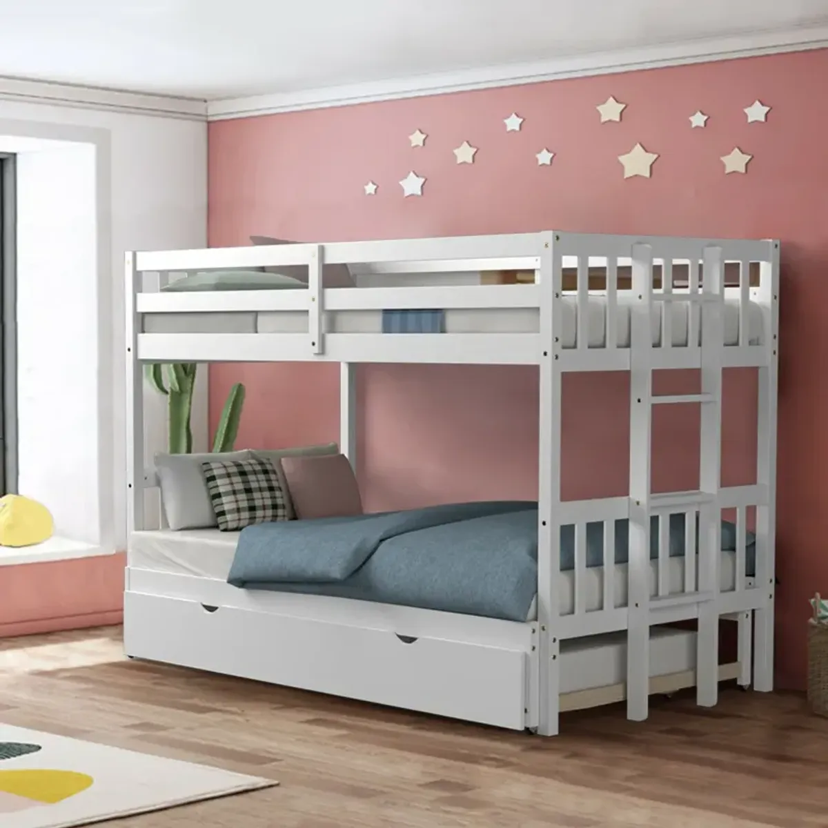 Twin Pull-Out Bunk Bed with Trundle Wooden Ladder