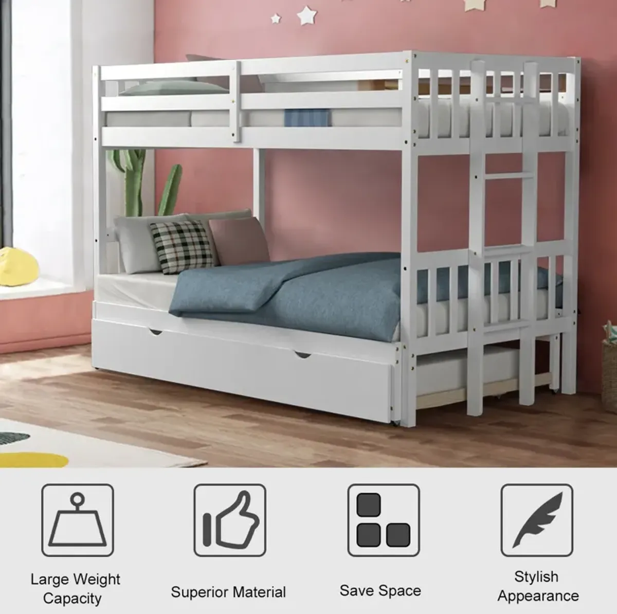 Twin Pull-Out Bunk Bed with Trundle Wooden Ladder