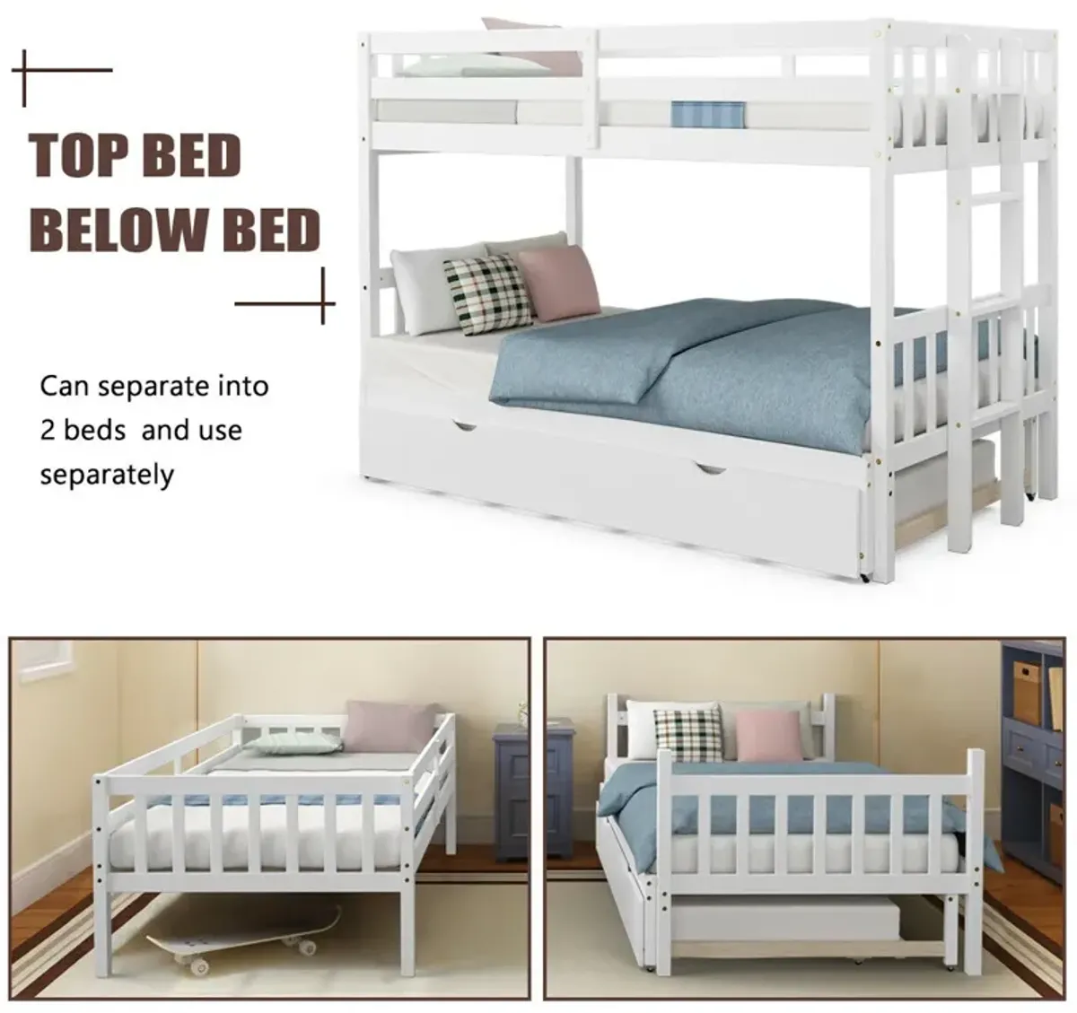 Twin Pull-Out Bunk Bed with Trundle Wooden Ladder