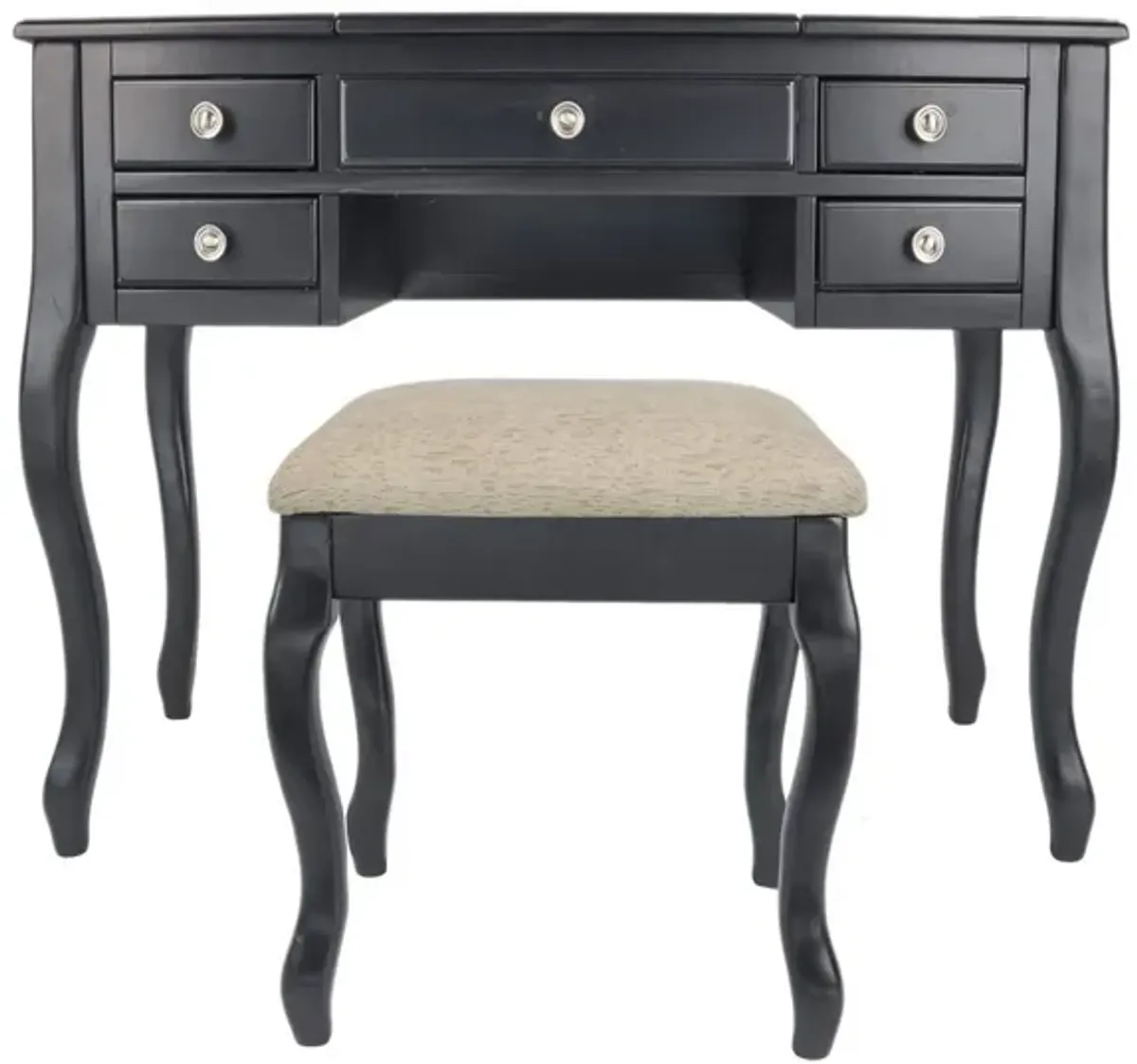 Cherub Vanity Set Featuring Stool And Mirror Black-Benzara