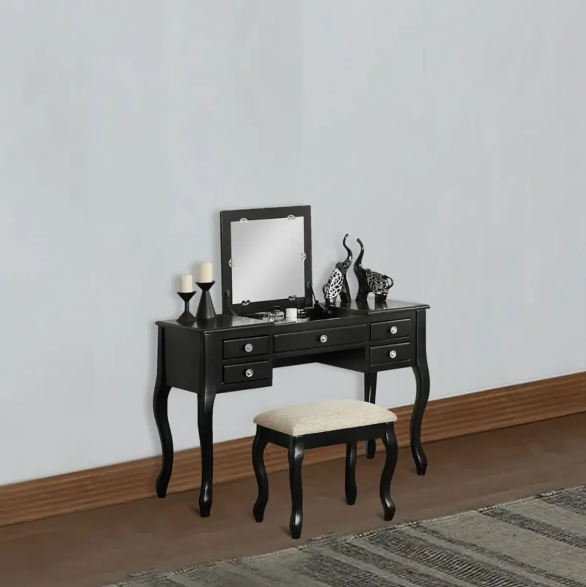 Cherub Vanity Set Featuring Stool And Mirror Black-Benzara