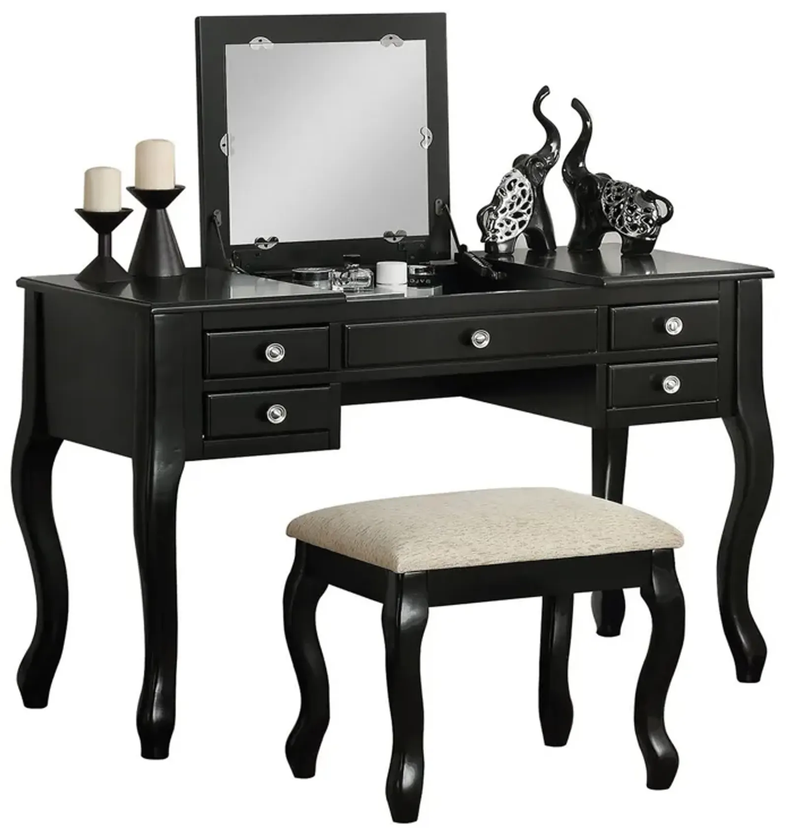 Cherub Vanity Set Featuring Stool And Mirror Black-Benzara