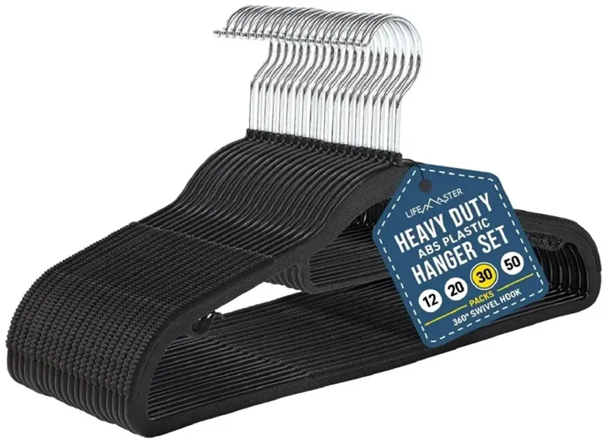 30 Pcs. Dry Wet Clothes Hangers - Heavy Duty Coat Hanger Set with 360° Swivel Hook (Black) Non-Slip Rubber, Space-Saving, Frustration-Free Hanging, Accessory Tie Bar, Smart Strap Hooks