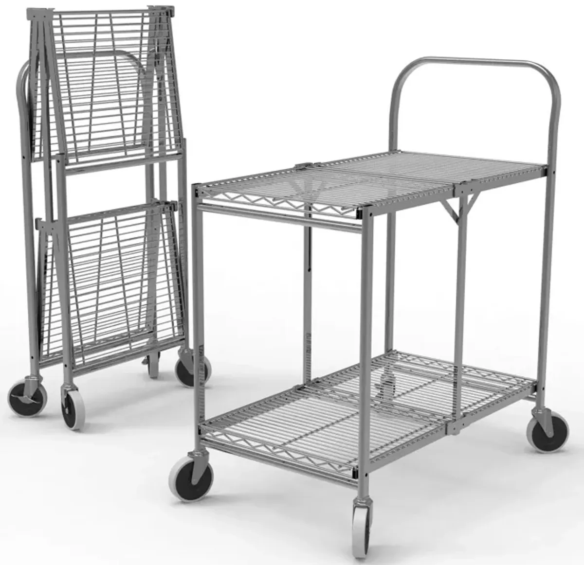 Ergode Two Shelf Collapsible Wire Rolling Cart Multifunction Utility Storage Carts on Wheels with Single-Grab Handle - Steel with Chrome Finish - Ideal for Restaurants, Kitchens and Caf