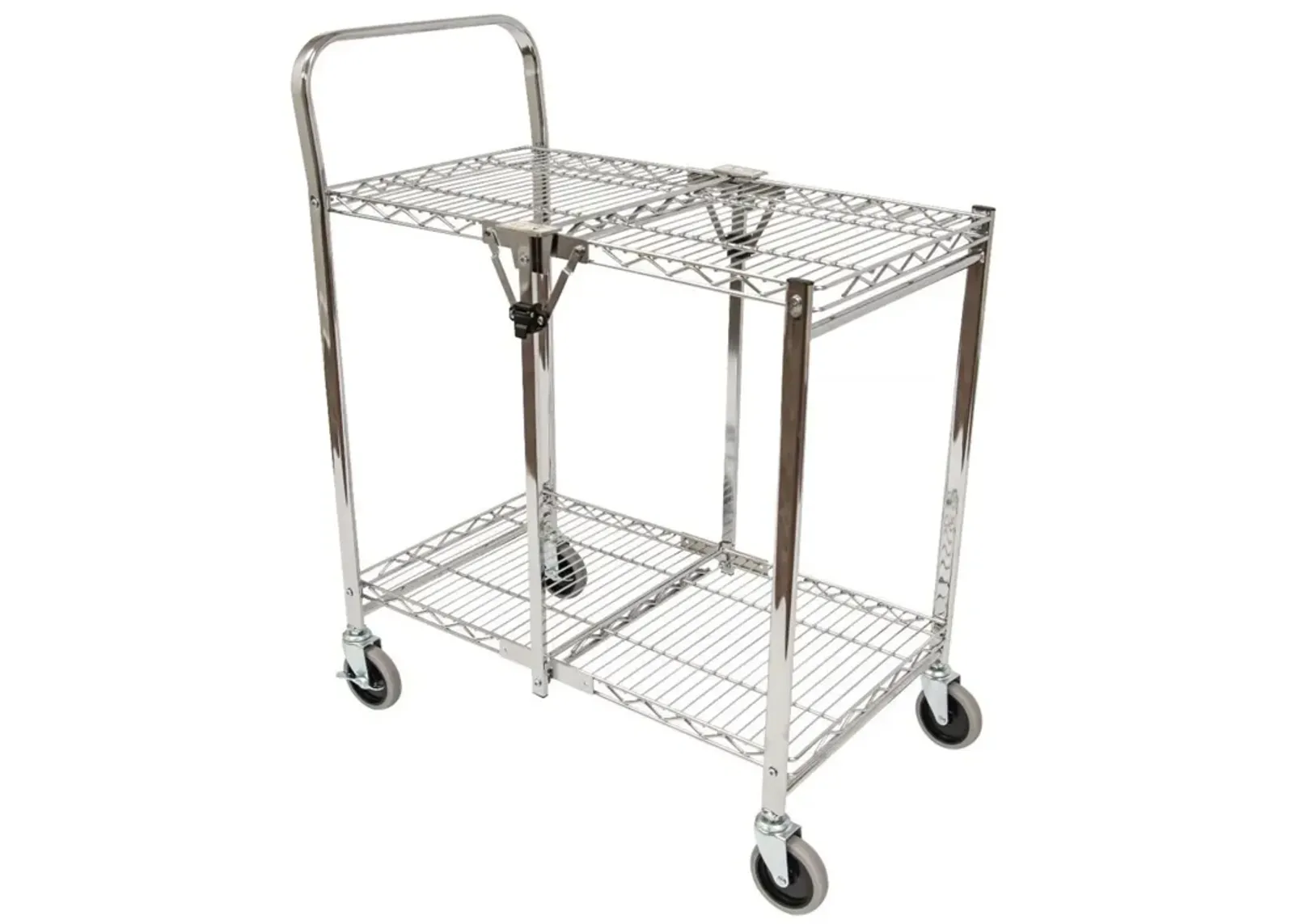 Ergode Two Shelf Collapsible Wire Rolling Cart Multifunction Utility Storage Carts on Wheels with Single-Grab Handle - Steel with Chrome Finish - Ideal for Restaurants, Kitchens and Caf