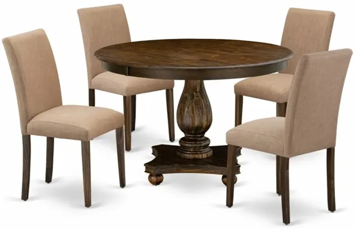 East West Furniture F2AB5-747 5Pc Kitchen Set - Round Table and 4 Parson Chairs - Distressed Jacobean Color