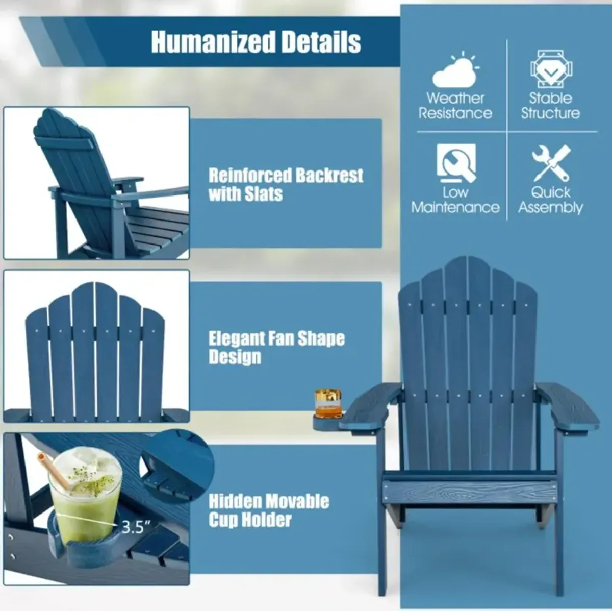 Hivvago Weather Resistant HIPS Outdoor Adirondack Chair with Cup Holder