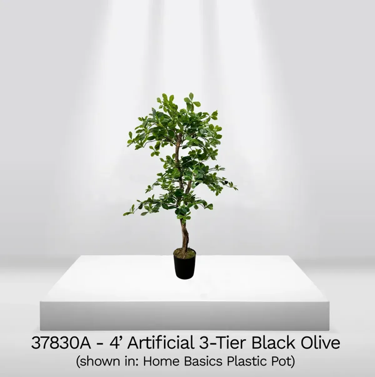 Handmade 4' Artificial 3-Tier Black Olive Tree In Home Basics Plastic Pot Made with Real Wood and Moss Accents