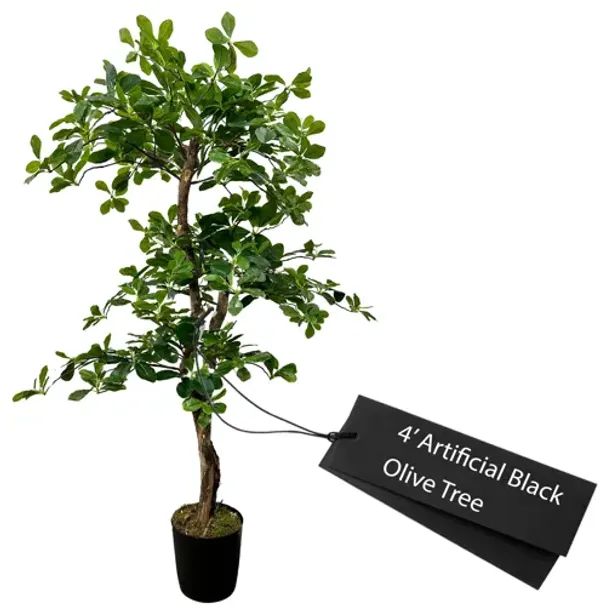 Handmade 4' Artificial 3-Tier Black Olive Tree In Home Basics Plastic Pot Made with Real Wood and Moss Accents