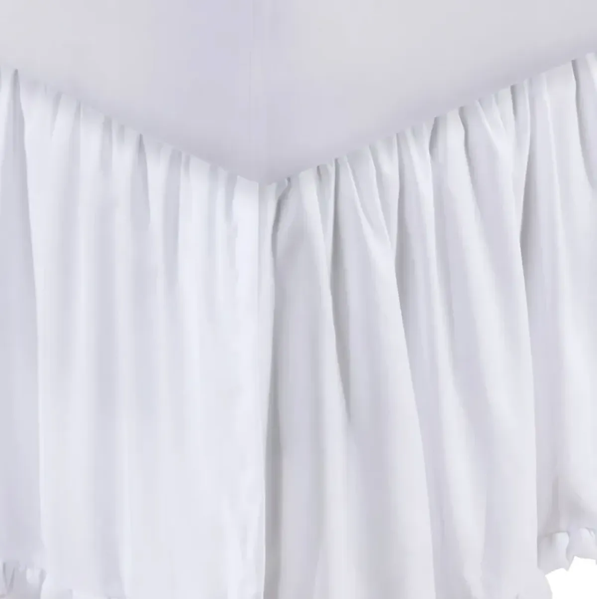 Mora Twin Bed Skirt, Polyester Platform, Split Corners, Ruffle Edge, White  - Benzara