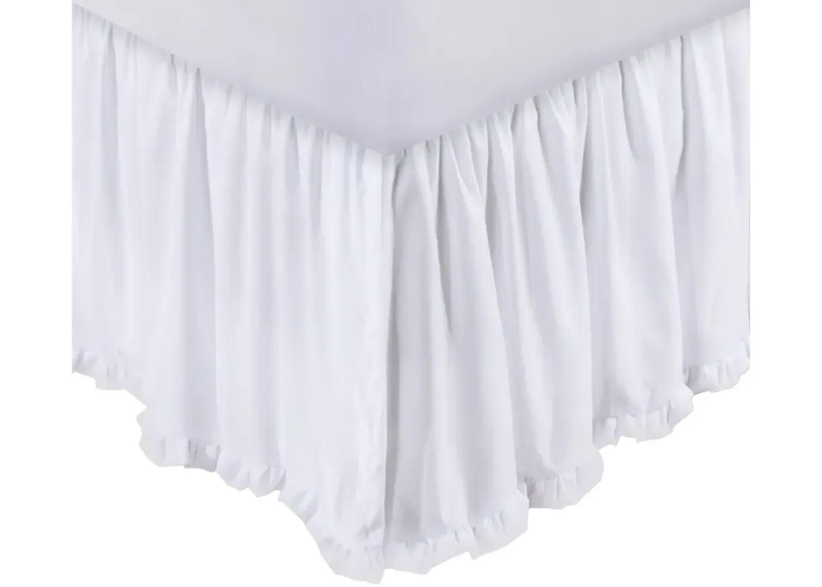 Mora Twin Bed Skirt, Polyester Platform, Split Corners, Ruffle Edge, White  - Benzara