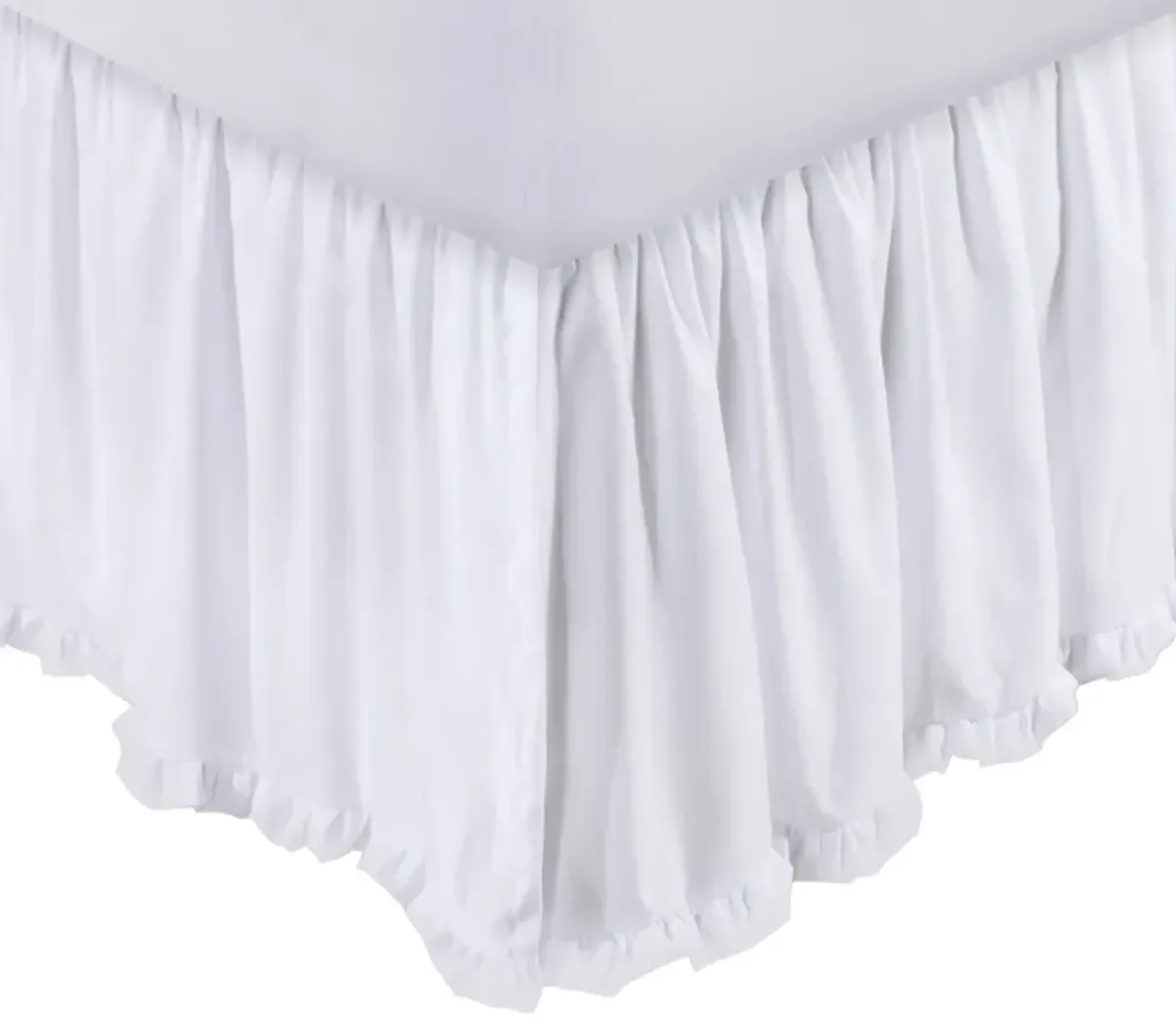 Mora Twin Bed Skirt, Polyester Platform, Split Corners, Ruffle Edge, White  - Benzara