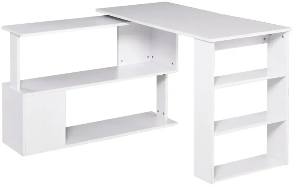 White Multitasking Hub: 360° Rotating L-Shaped Office Desk with Storage