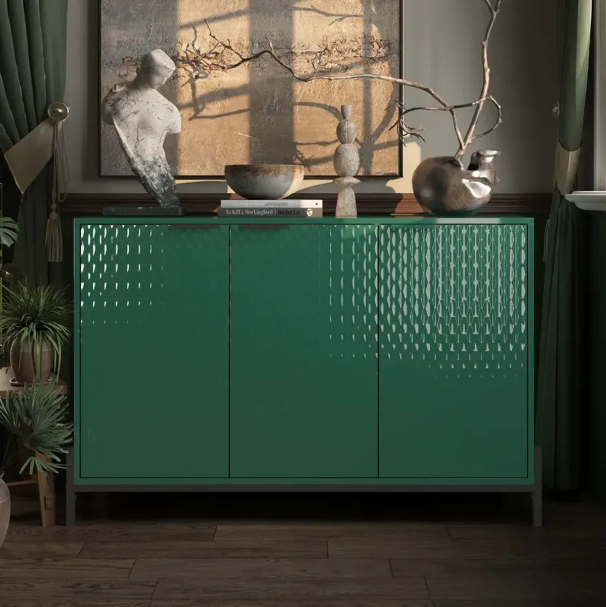 Elegant 3-Door Storage Cabinet with Adjustable Shelves and Geometric Design