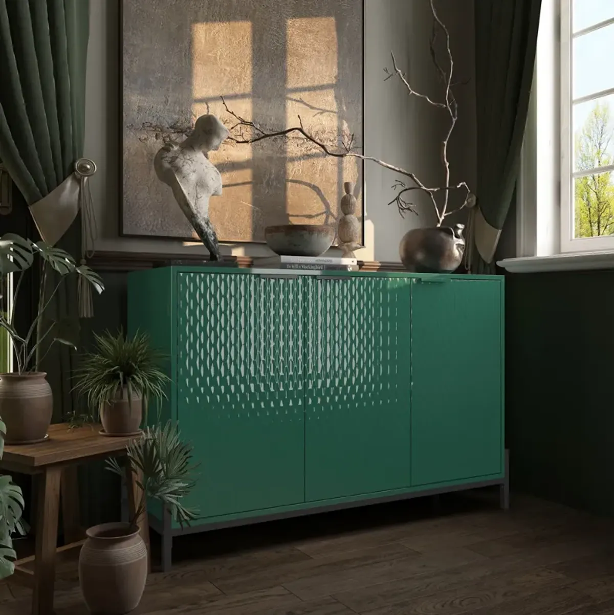 Elegant 3-Door Storage Cabinet with Adjustable Shelves and Geometric Design