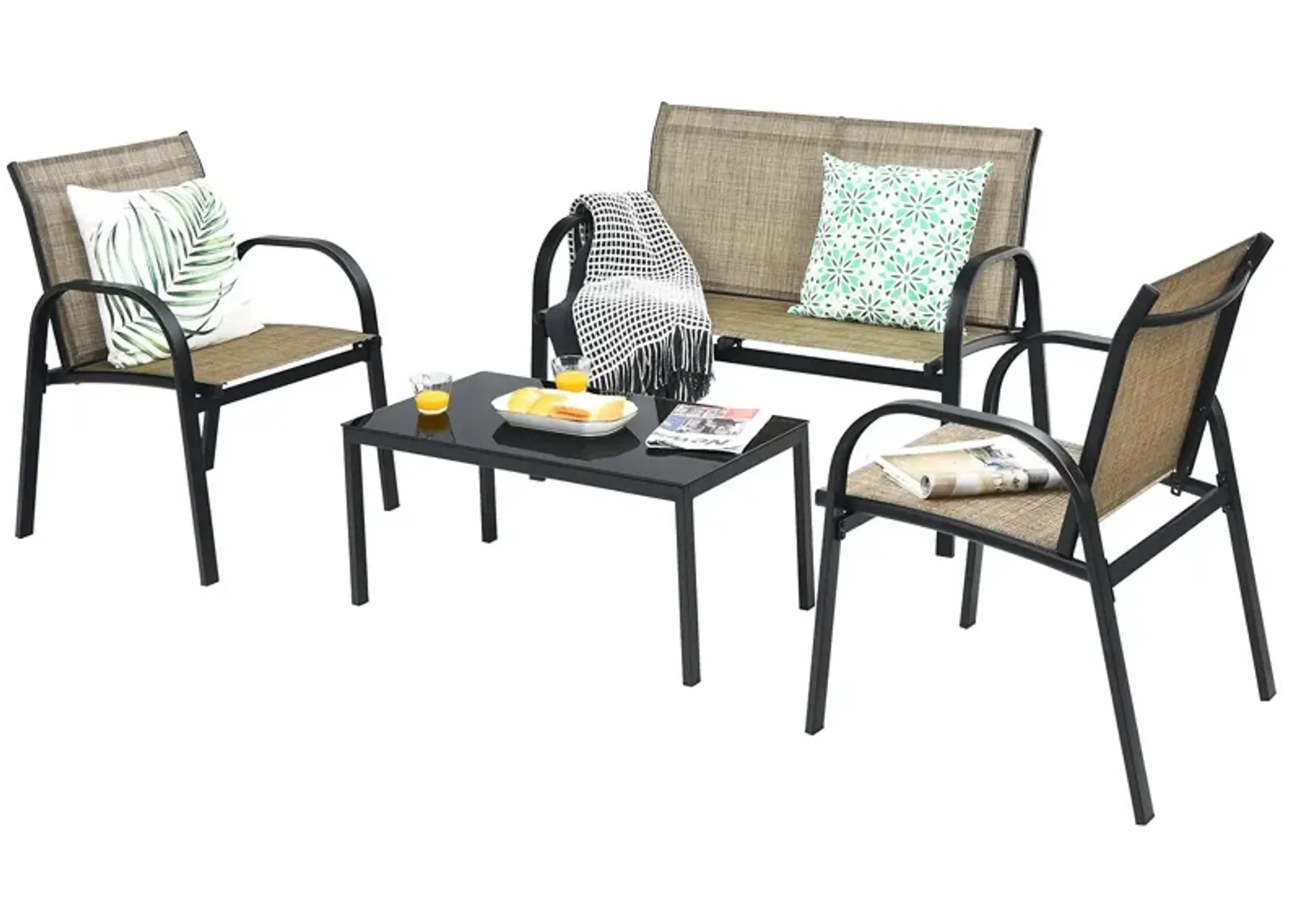 4 Pieces Patio Furniture Set with Glass Top Coffee Table