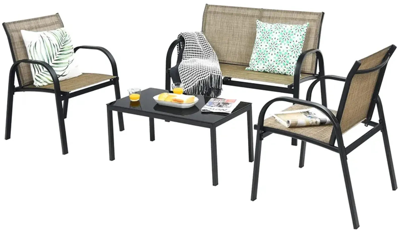 4 Pieces Patio Furniture Set with Glass Top Coffee Table