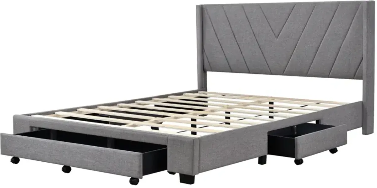 Queen Size Storage Bed Linen Upholstered Platform Bed With 3 Drawers