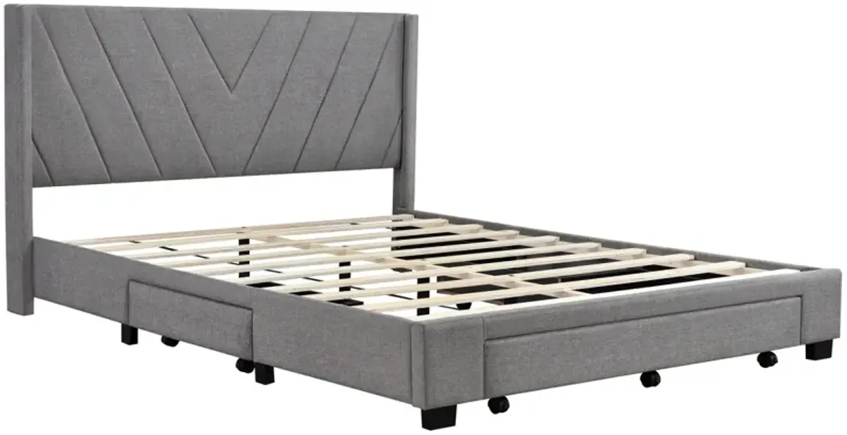 Queen Size Storage Bed Linen Upholstered Platform Bed With 3 Drawers