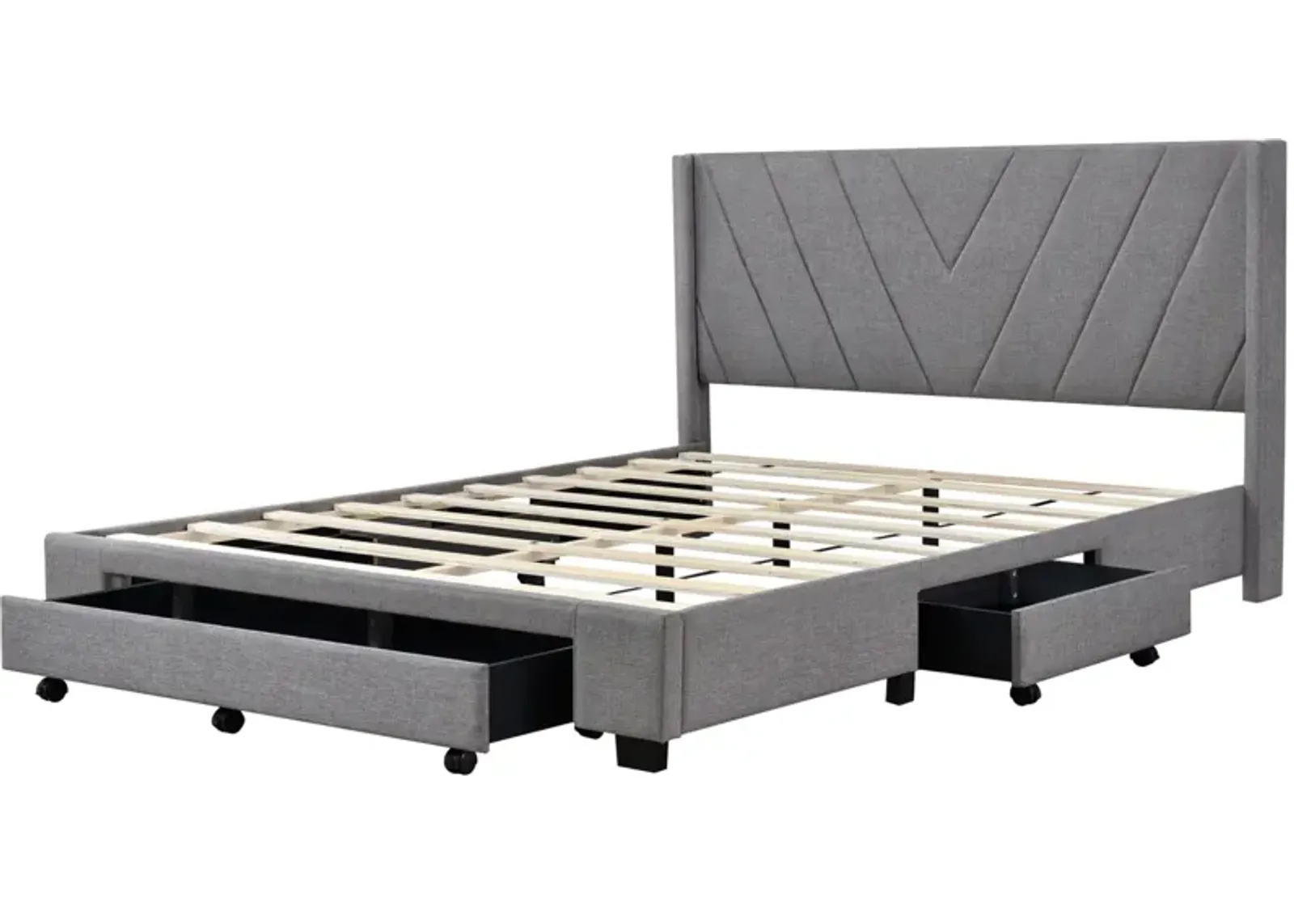 Queen Size Storage Bed Linen Upholstered Platform Bed With 3 Drawers