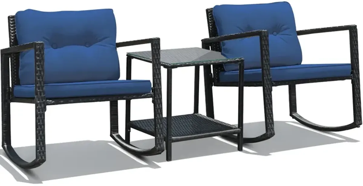 3 Pieces Cushioned Patio Rattan Set with Rocking Chair and Table