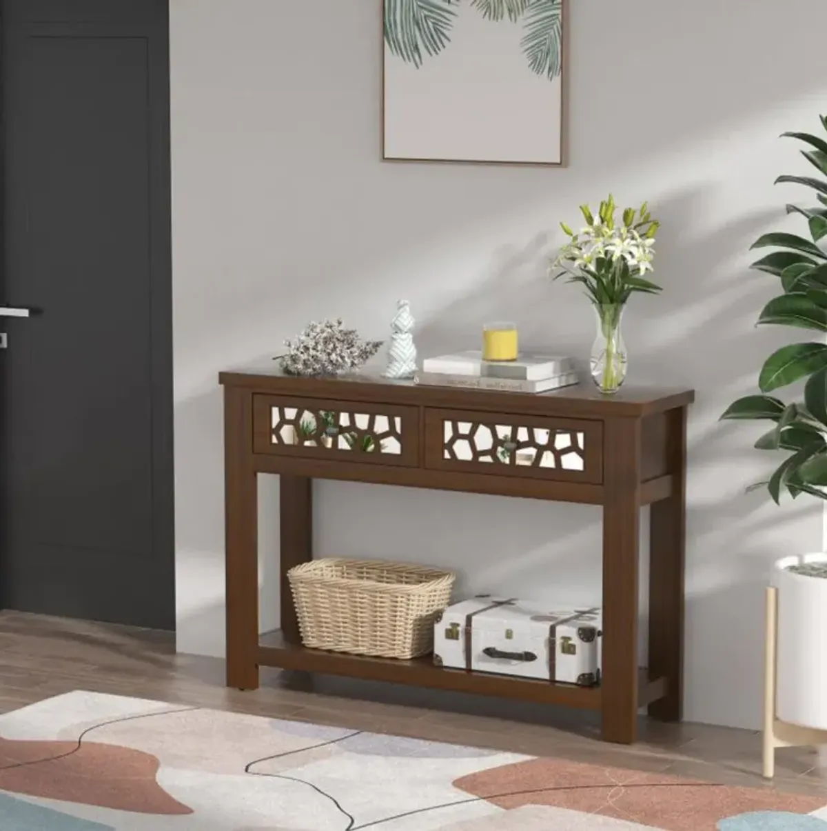 Hivvago 2-Tier Console Table with Drawers and Open Storage Shelf