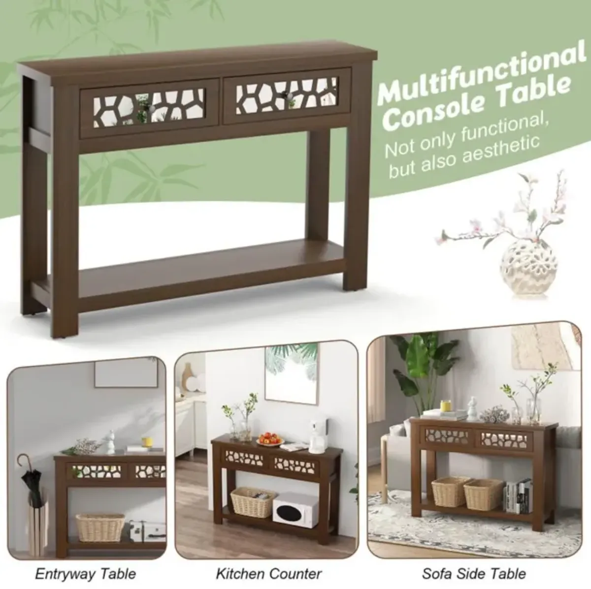 Hivvago 2-Tier Console Table with Drawers and Open Storage Shelf