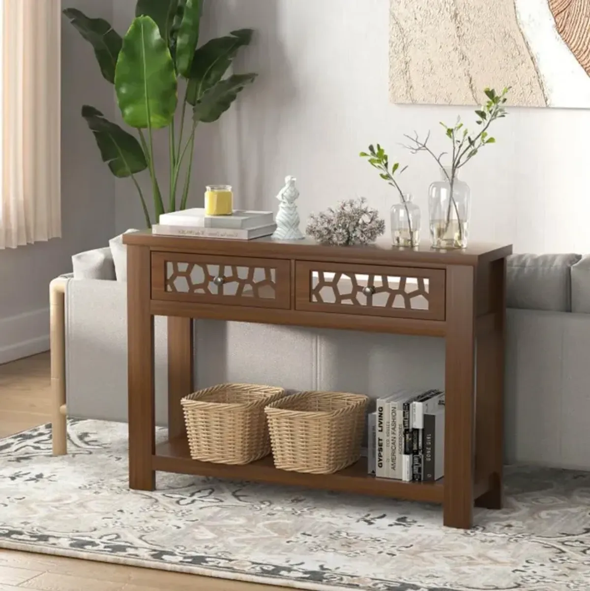 Hivvago 2-Tier Console Table with Drawers and Open Storage Shelf