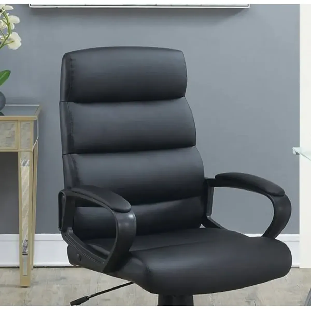 Black Faux Leather Cushioned Upholstered 1 Piece Office Chair Adjustable Height Desk Chair Relax